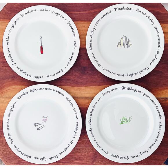 Pottery Barn Drinks Lingo Plates (4) Screwdriver Manhattan Grasshopper Zombie - Picture 1 of 6